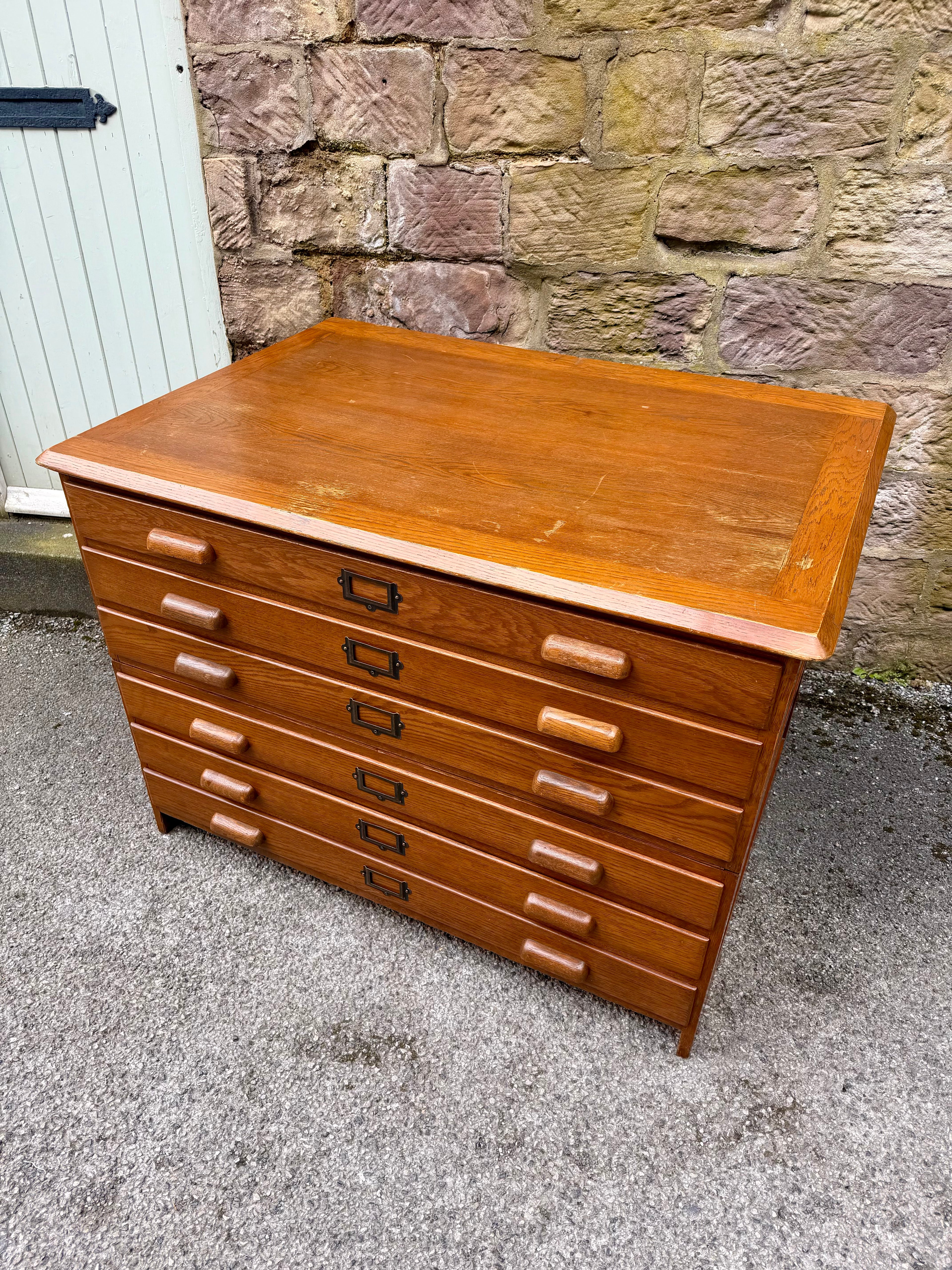 Large Mid Century Oak Architects Plan Chest By Crusader. 6 Drawers, Artist