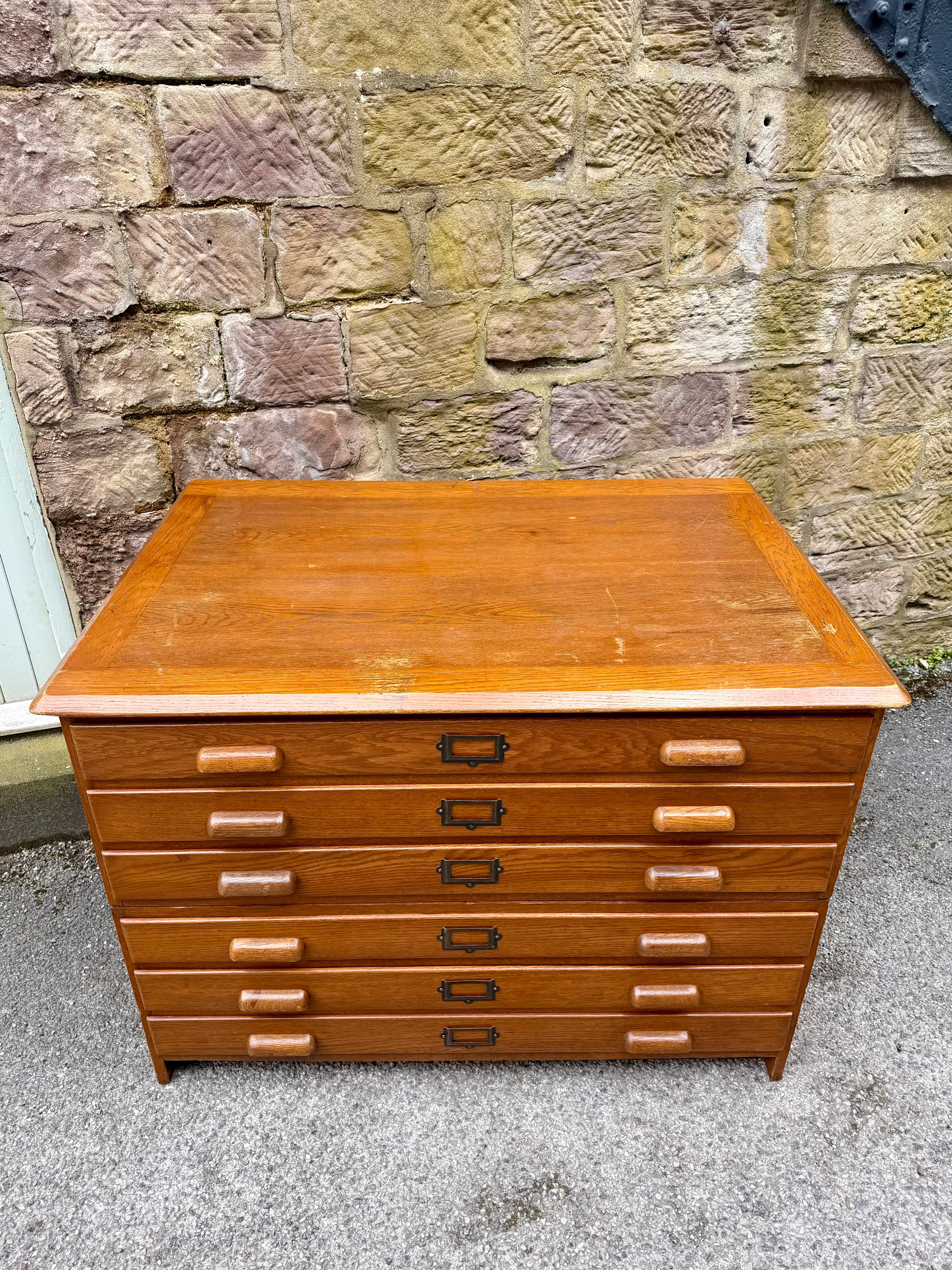 Large Mid Century Oak Architects Plan Chest By Crusader. 6 Drawers, Artist