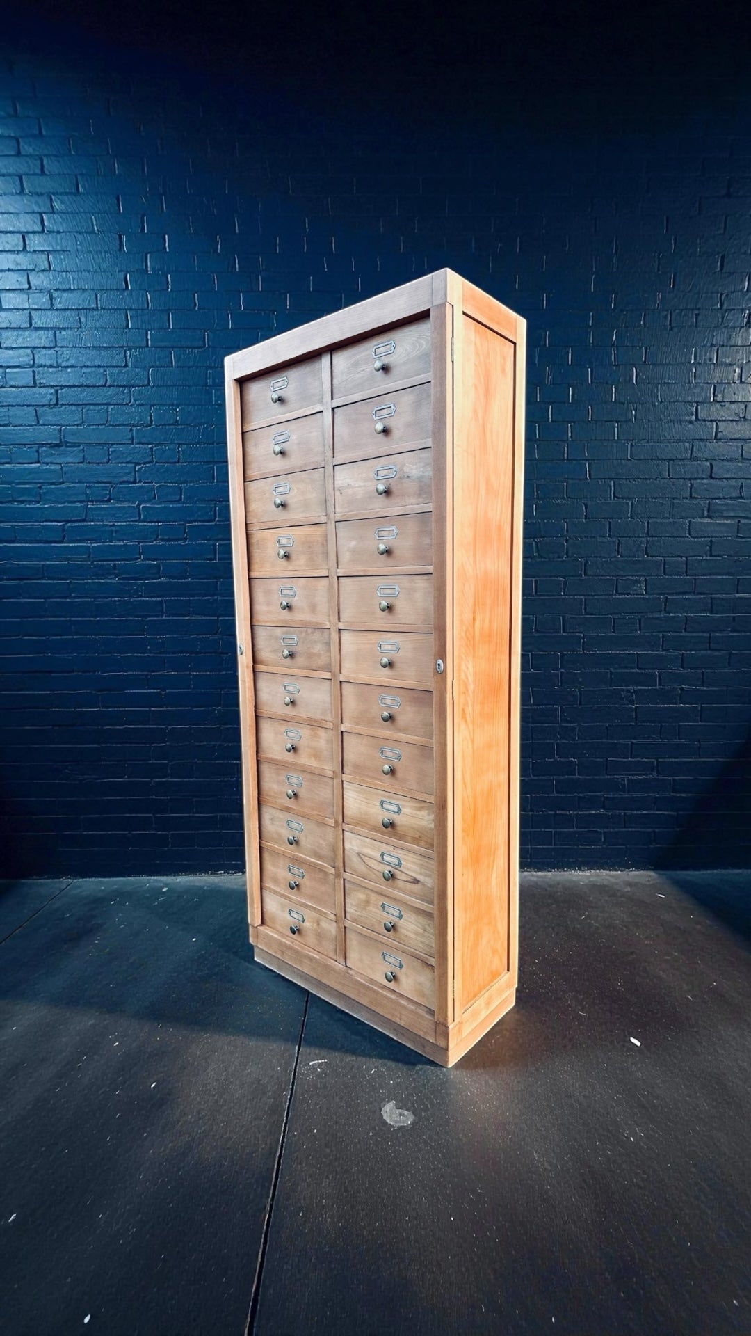 1930s Bank Of 24 Drawers. Haberdashery, Apothecary, Larch Wood, Filing Cabinet.