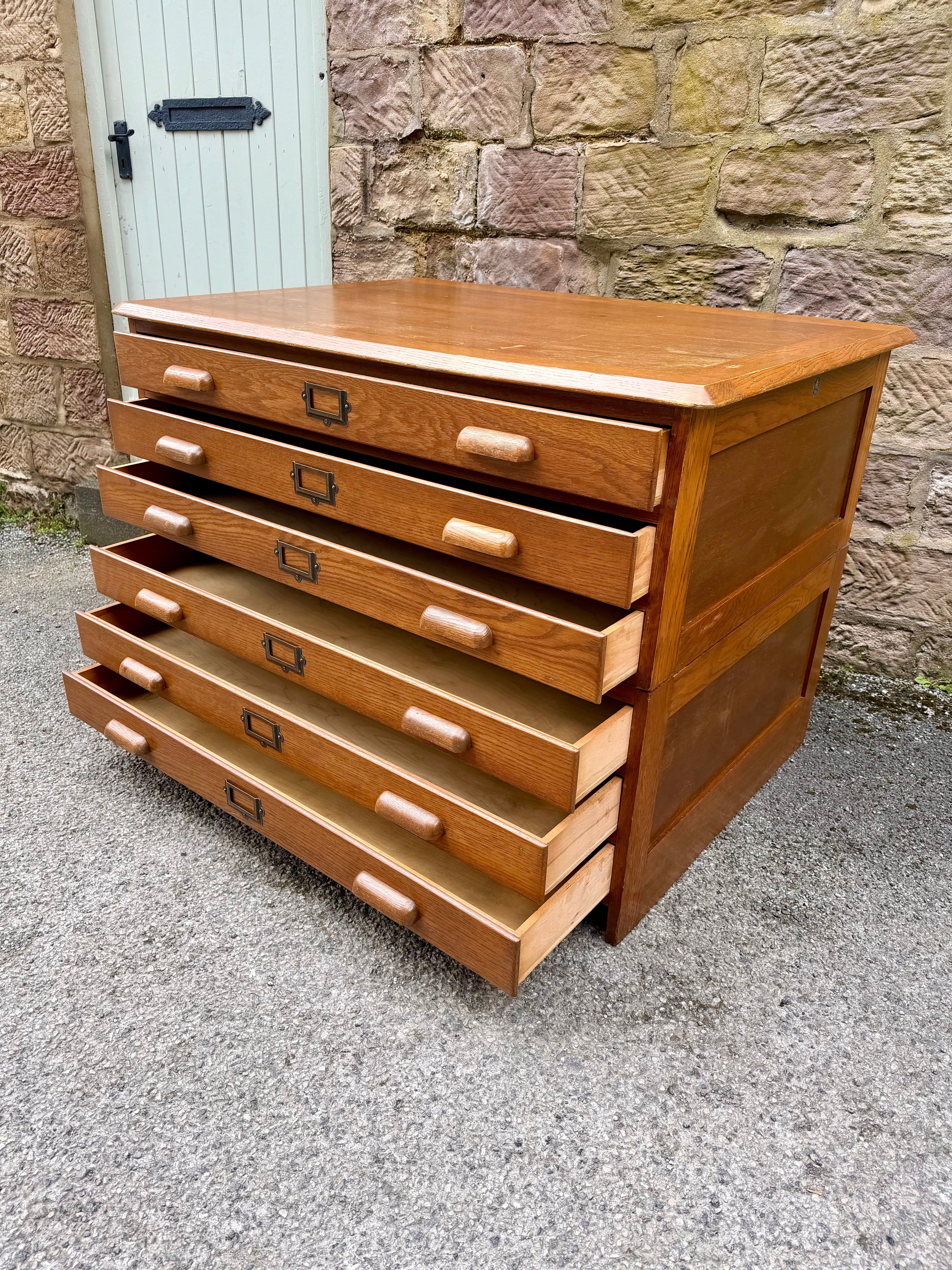 Large Mid Century Oak Architects Plan Chest By Crusader. 6 Drawers, Artist