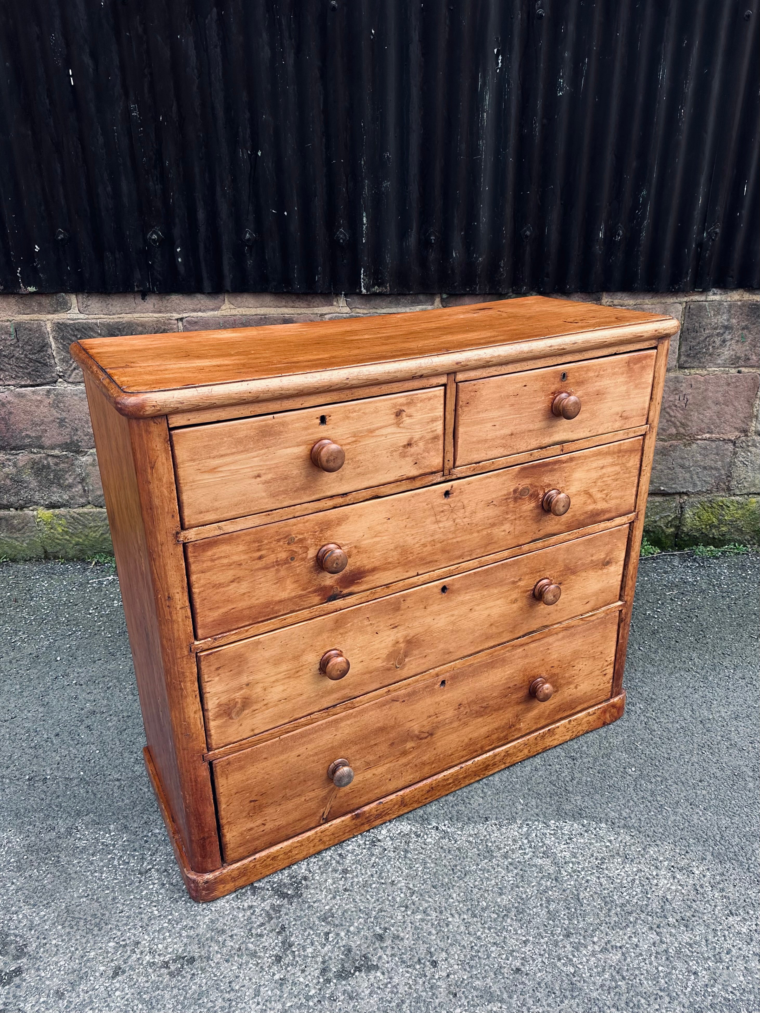Antique Victorian Large Rustic Pine Chest Of Drawers, Original, 2 Over 3 Drawers