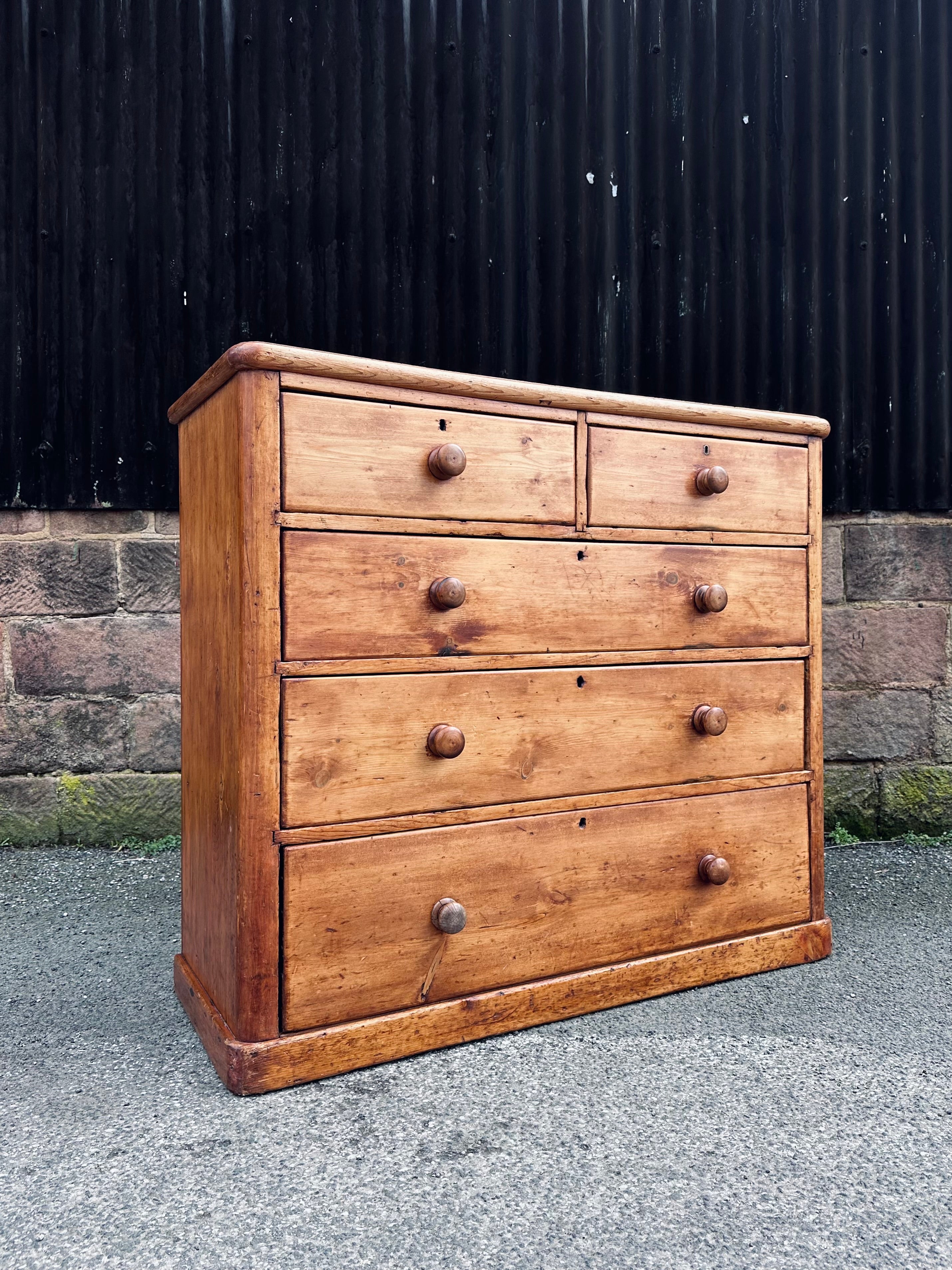 Antique Victorian Large Rustic Pine Chest Of Drawers, Original, 2 Over 3 Drawers