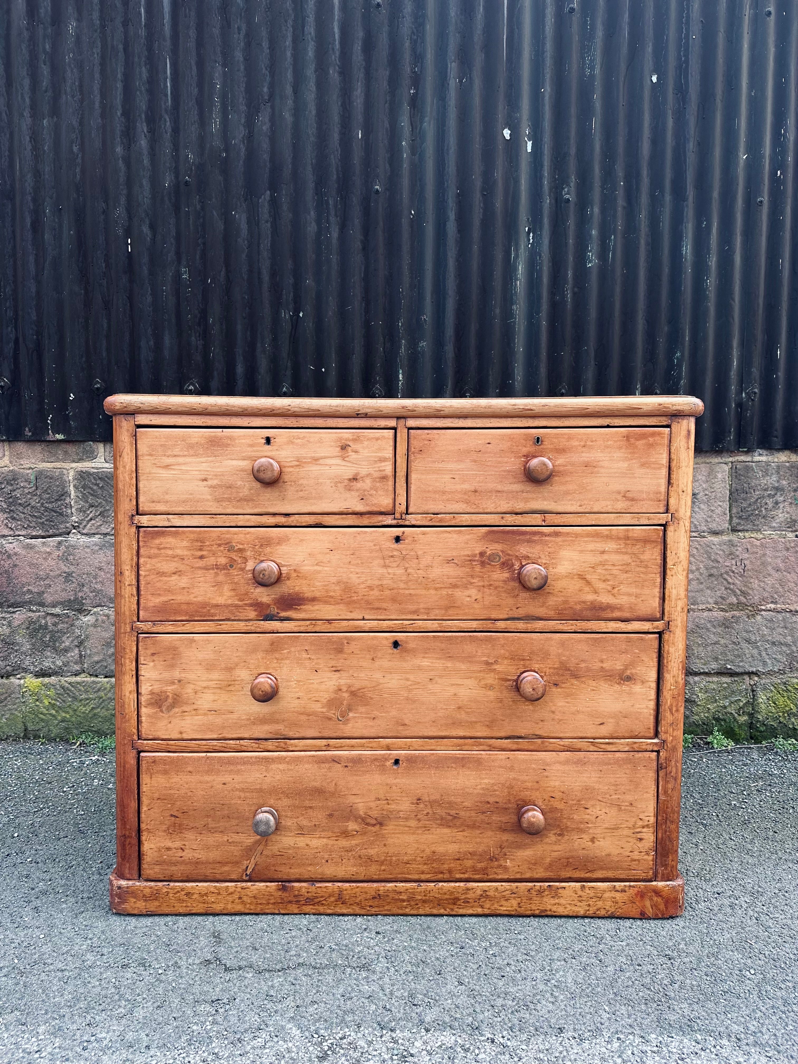 Antique Victorian Large Rustic Pine Chest Of Drawers, Original, 2 Over 3 Drawers