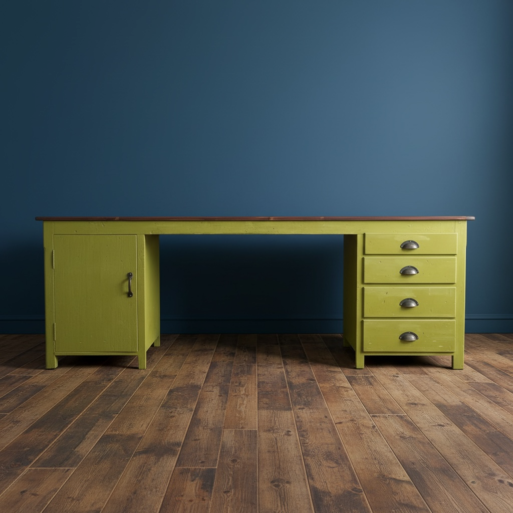 Industrial Reclaimed Large Clerks Desk. Original Paint, Statement, 8ft, Drawers