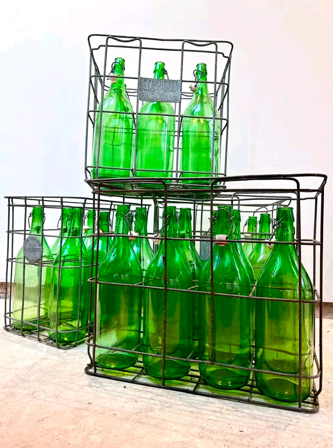 Vintage Italian Wine Bottle Crates. Decorative, Bar, Retail, Prop, Galvanised