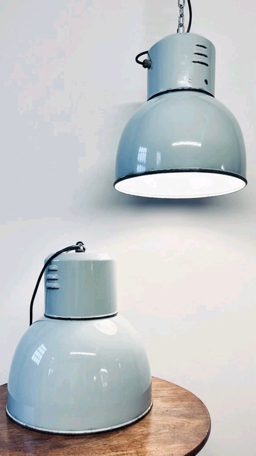 Original 1950s Industrial Italian Fiat Factory Enamel Pendant Light, Grey, Rare