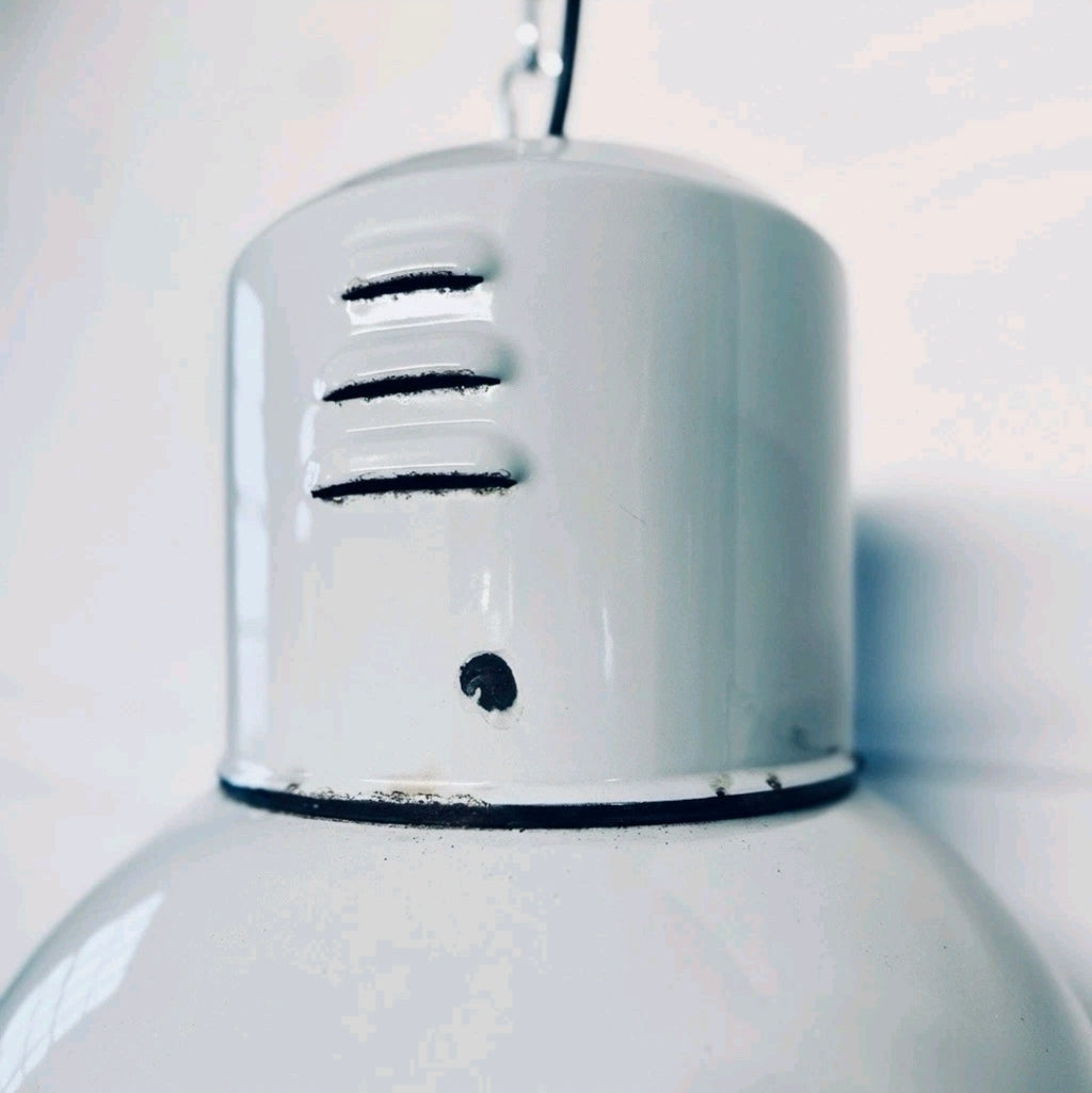 Original 1950s Industrial Italian Fiat Factory Enamel Pendant Light, Grey, Rare