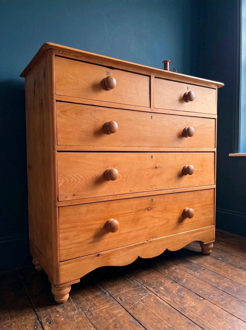 Large Antique Victorian Waxed Pine Chest Of Drawers, Country Cottage, Bedroom.
