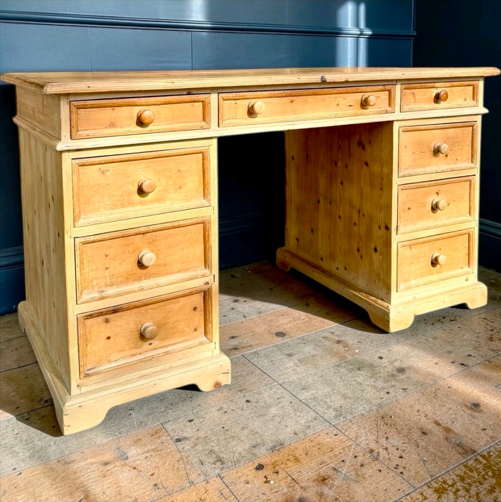 Waxed Solid Pine Twin Pedestal Desk Traditional Rustic, Study, Drawers, Office