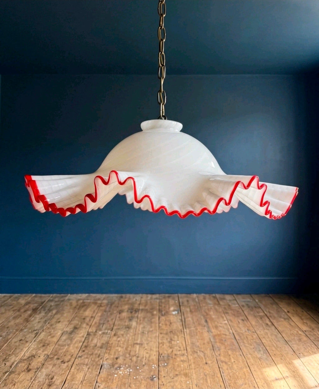 Original Rare Murano Glass Ruffle Pendant Light. 1960s White, Red, Feature Light