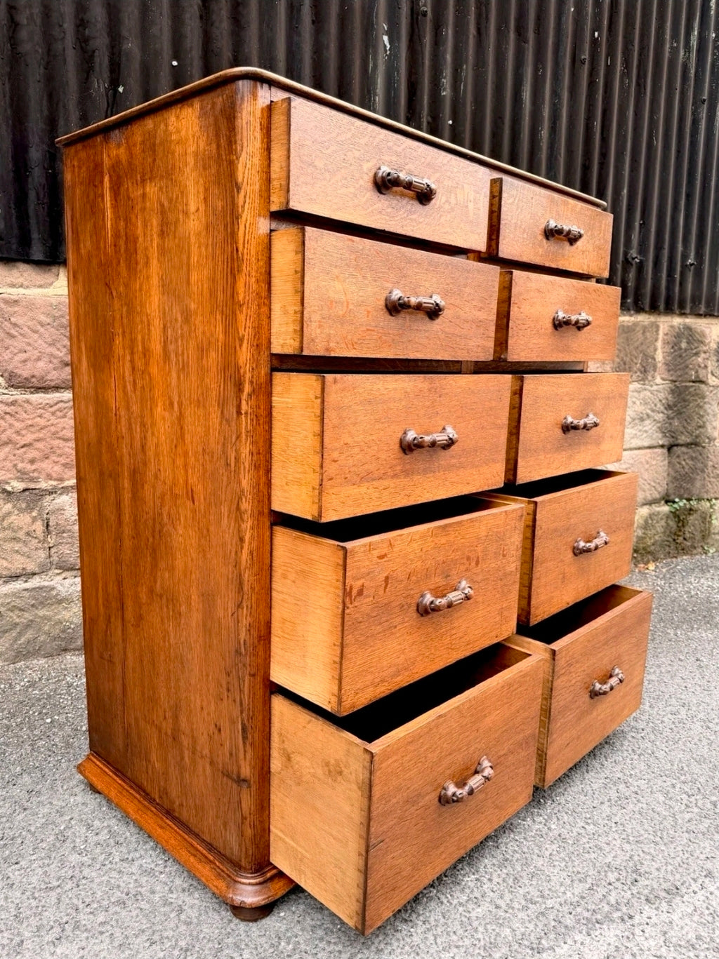 1920s Antique Banker’s Oak Tallboy Chest of Drawers. 10 Drawer. Office, Bedroom