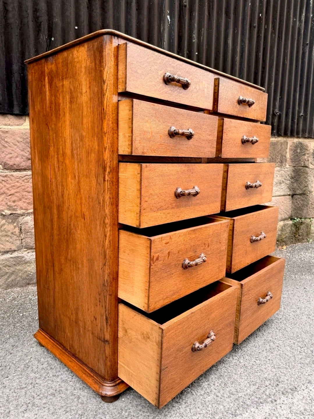 1920s Antique Banker’s Oak Tallboy Chest of Drawers. 10 Drawer. Office, Bedroom