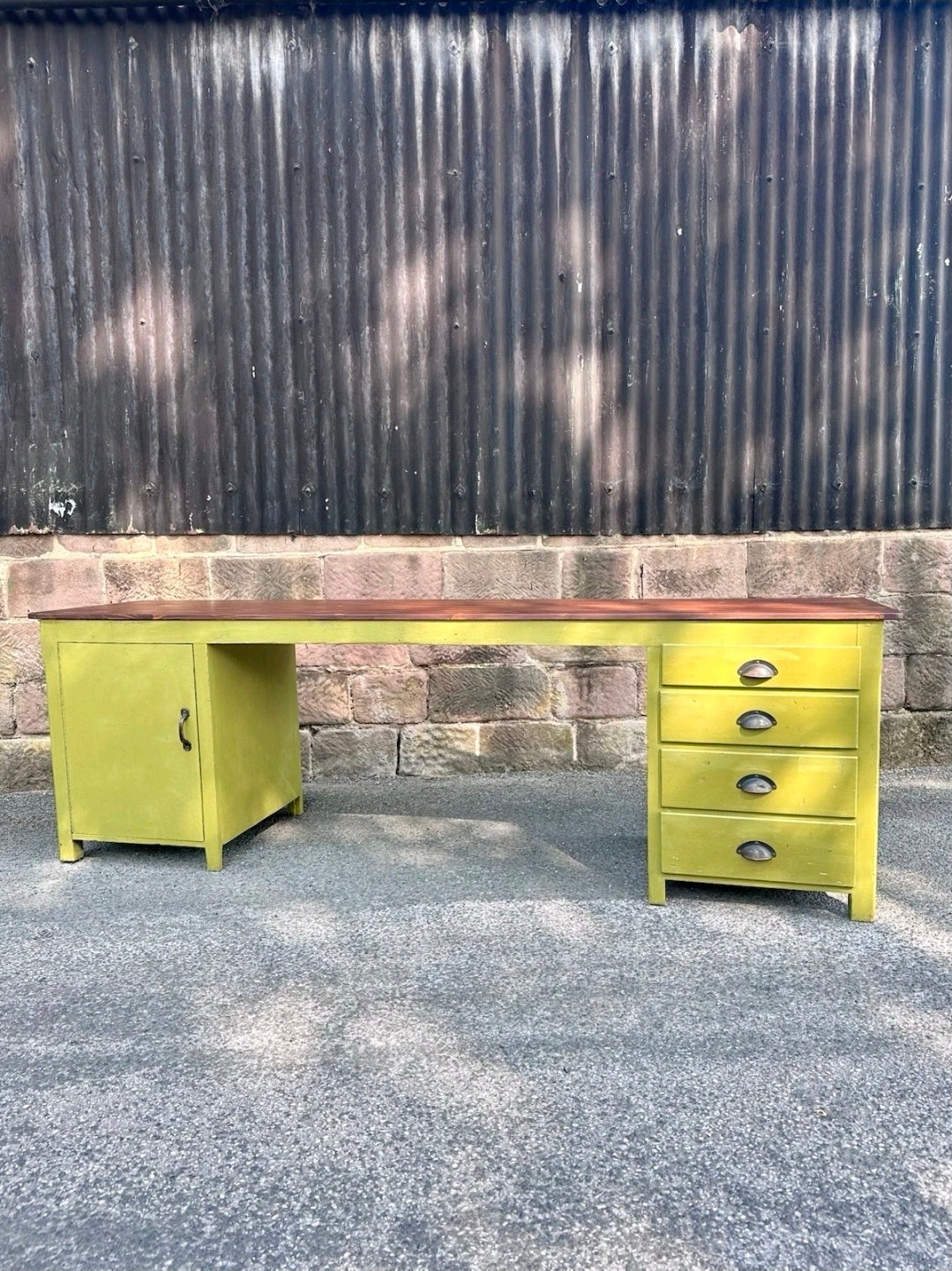 Industrial Reclaimed Large Clerks Desk. Original Paint, Statement, 8ft, Drawers
