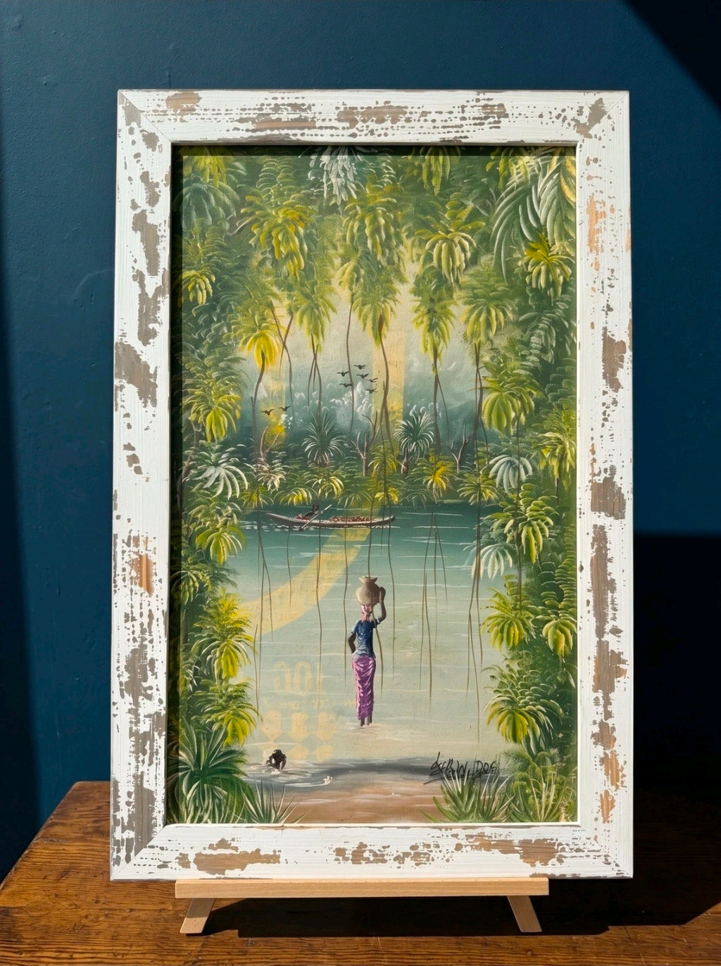 Framed Impasto Ethnic Oil Painting by A W Doe African Artist, Palm Trees, Lady