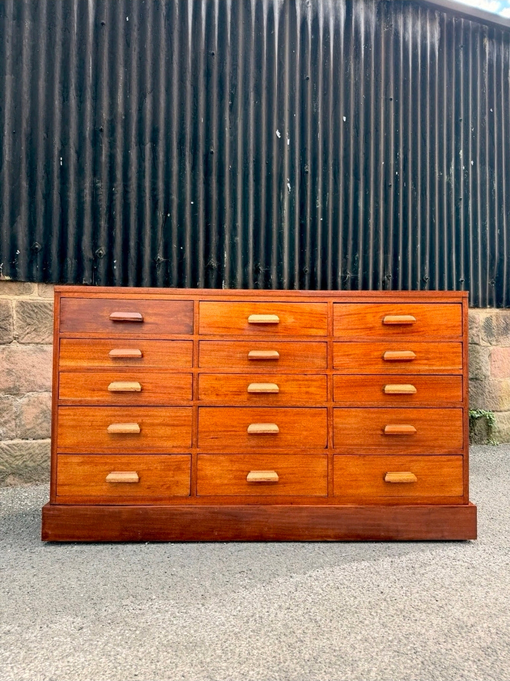 Vintage Mid Century Iroko Wood Science Lab Bank Of Drawers. 1950s, Industrial