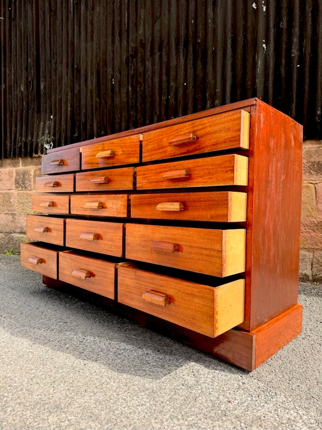 Vintage Mid Century Iroko Wood Science Lab Bank Of Drawers. 1950s, Industrial
