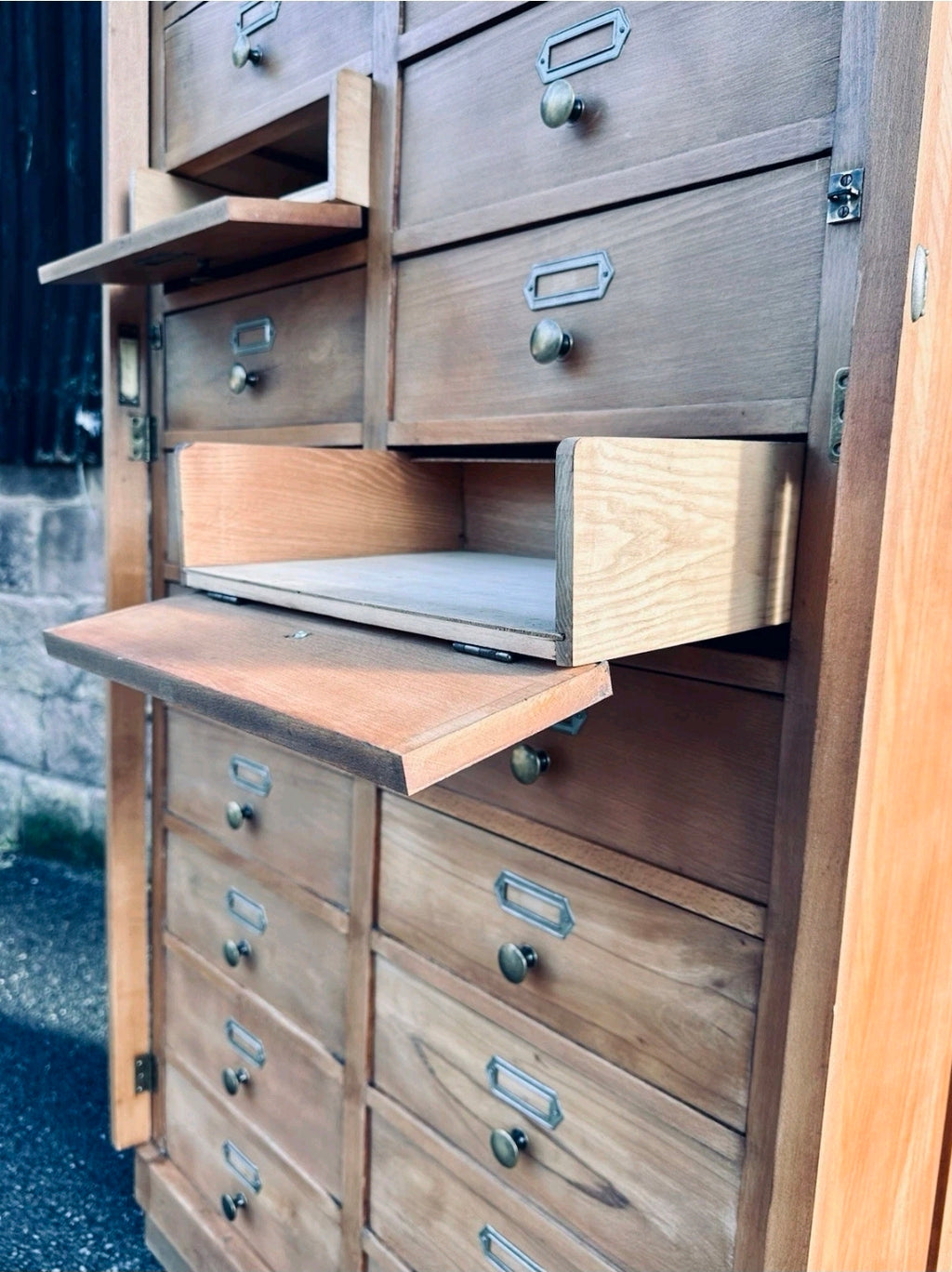 1930s Bank Of 24 Drawers. Haberdashery, Apothecary, Larch Wood, Filing Cabinet.