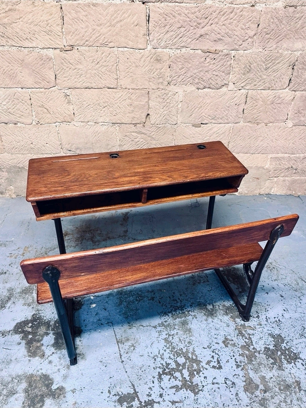 Antique Double School Desk. Oak & Cast Iron. Playroom, Kids Workspace, Orginal