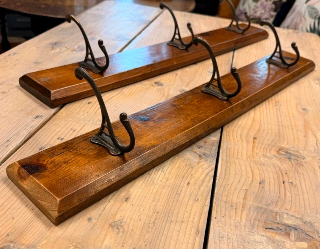 Antique Church Wall Mounted Coat Hooks. Pitch Pine, Hallway, Boot room, Storage