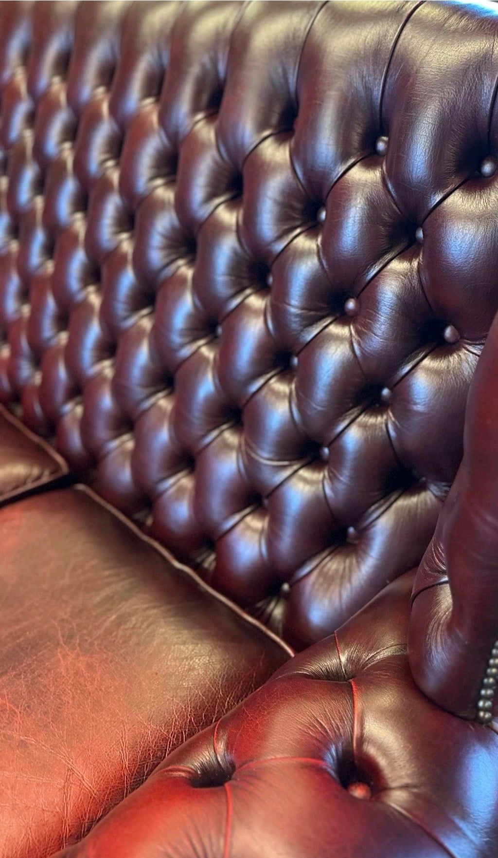 Vintage Oxblood Leather Chesterfield 3 seater Wingback Sofa, 1960s, Castors