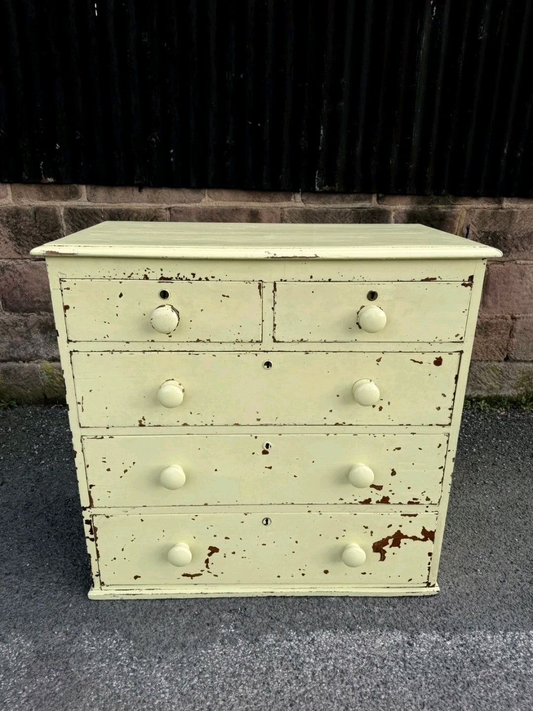 Painted Victorian Oak Chest Of Drawers. Original Paint, 2 Over 3 Drawers.