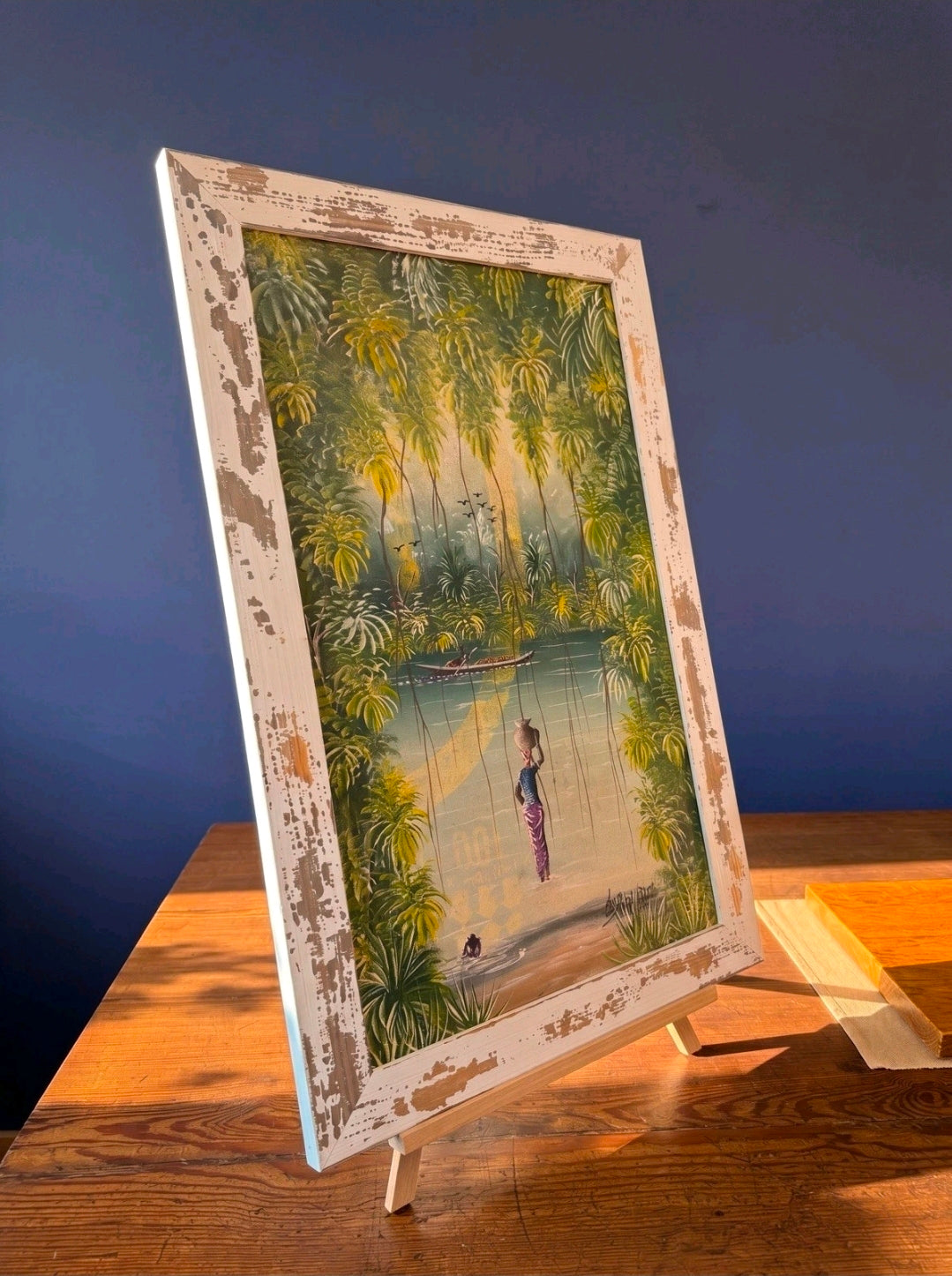Framed Impasto Ethnic Oil Painting by A W Doe African Artist, Palm Trees, Lady