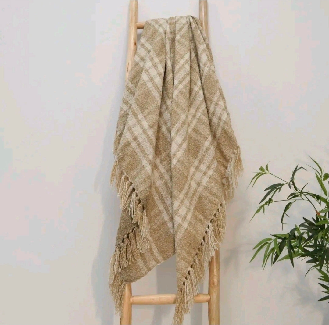 Luxury Chenille Tartan Throw Checked Picnic Blanket, 100% Recycled (Natural)