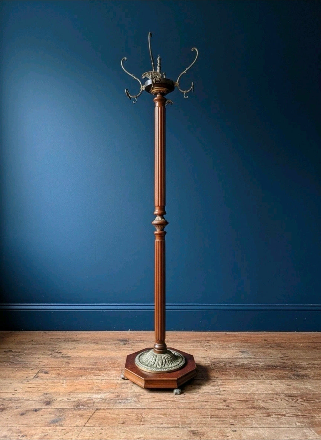 Vintage 1950s Wood & Brass Coat Stand. 8 Hooks, Hall Stand, Hat Stand, Hall Tree
