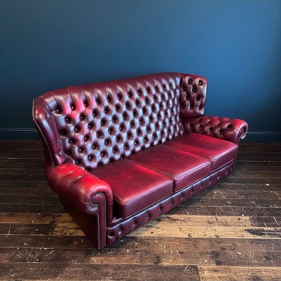 Vintage Oxblood Leather Chesterfield 3 seater Wingback Sofa, 1960s, Castors