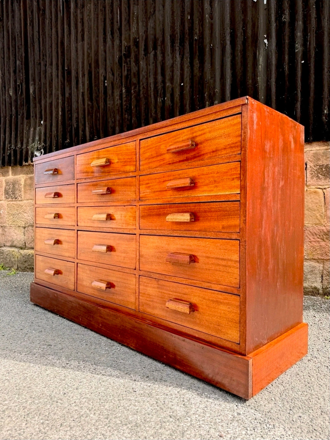 Vintage Mid Century Iroko Wood Science Lab Bank Of Drawers. 1950s, Industrial