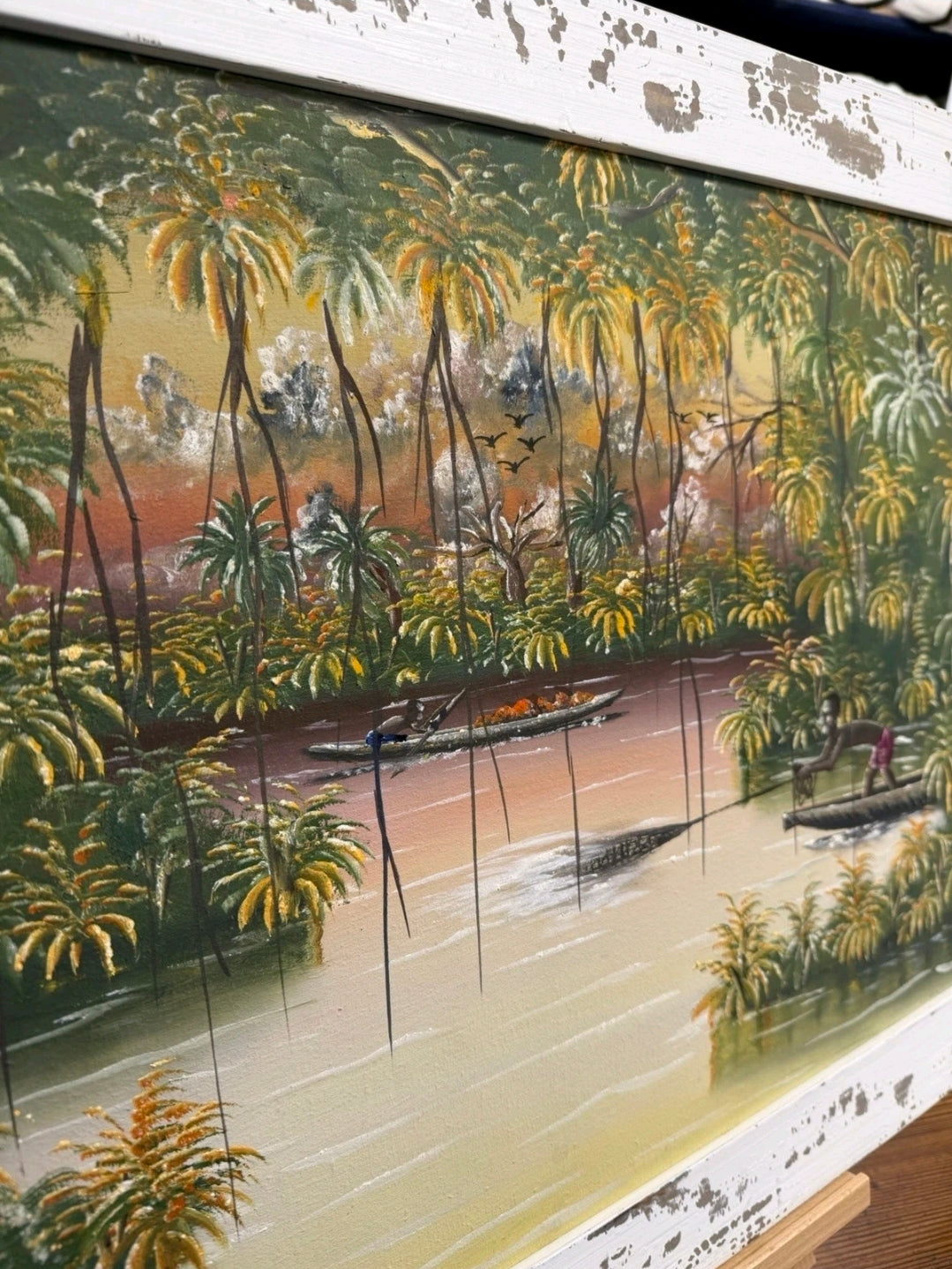Framed Impasto Ethnic Oil Painting by A W Doe African Artist, Palm Trees, Boats