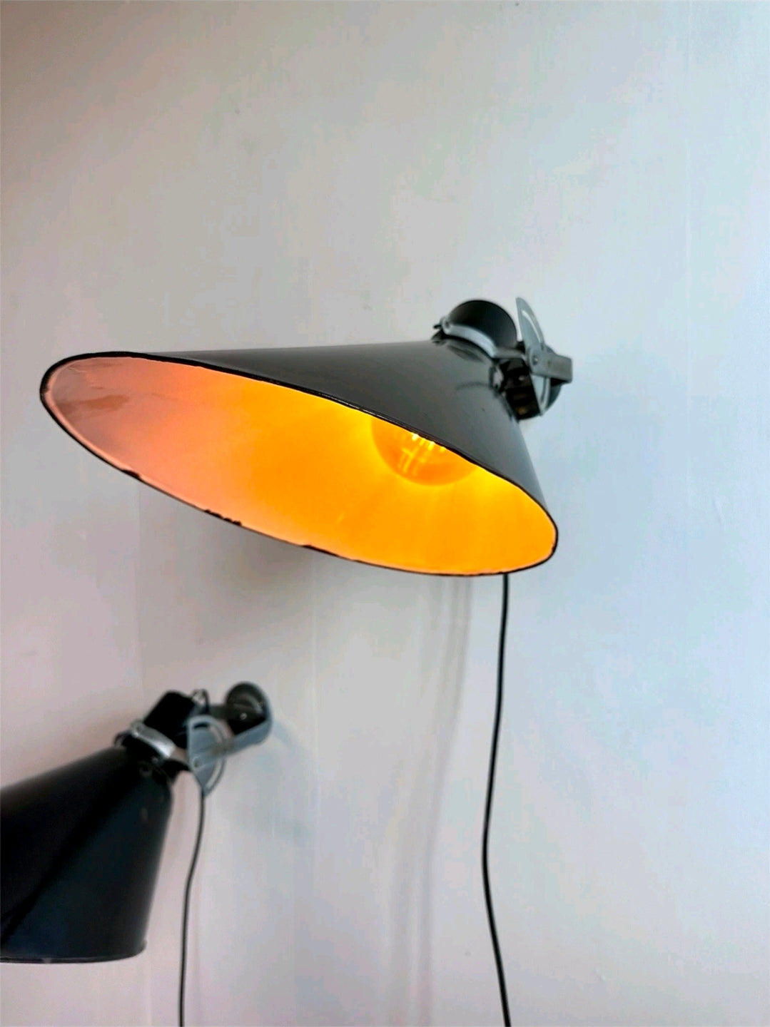 Large Rare Original 1940s Industrial Black Enamel Sign Lights, Picture Light