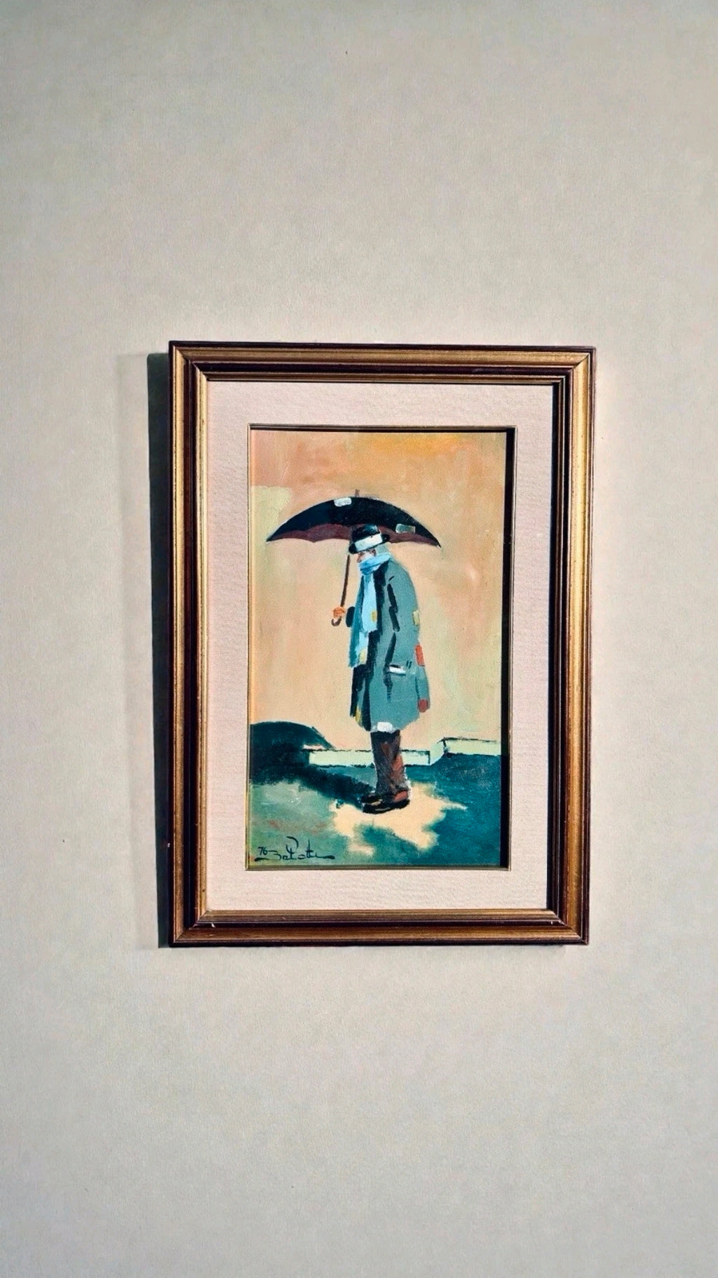 Original Signed Painting ‘Man With Umbrella’ Italian, Framed, Small. Collectable