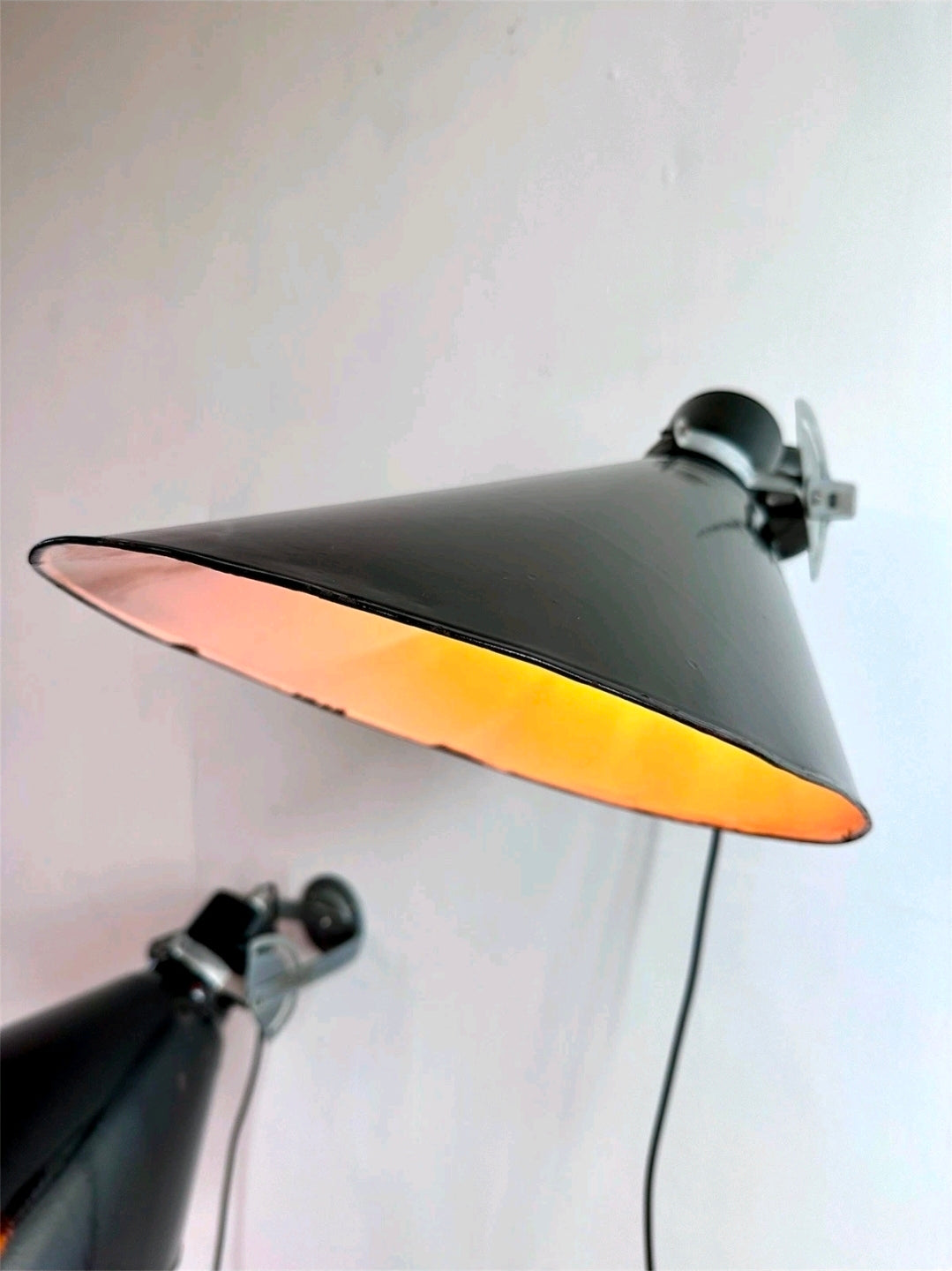 Large Rare Original 1940s Industrial Black Enamel Sign Lights, Picture Light