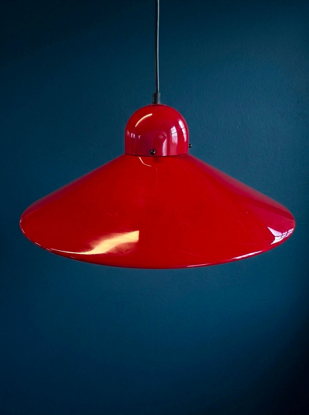 Vintage 1970s Pendant Light Mid-Century Modern, Red, Metal, Retro
