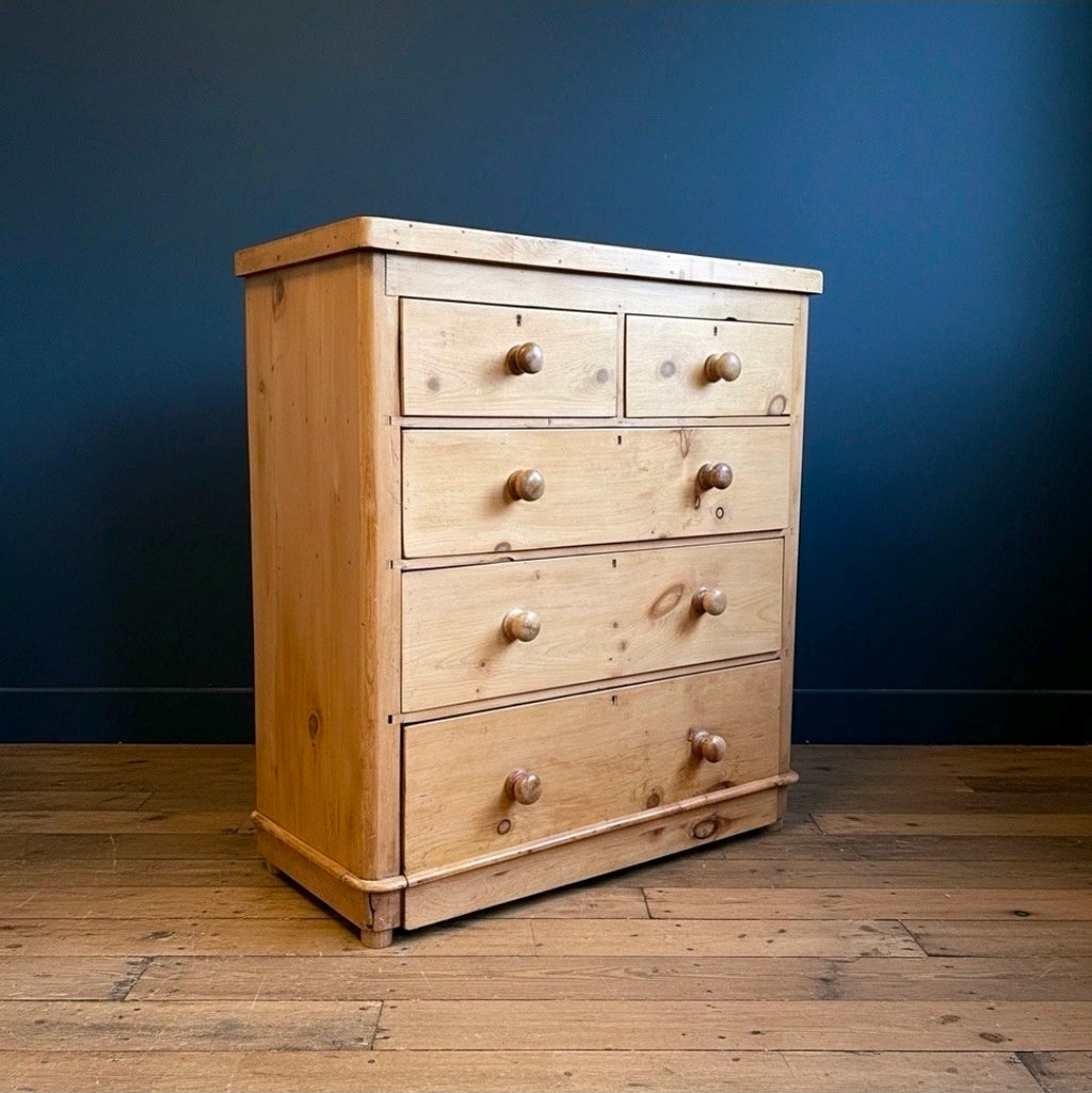 Antique Victorian Pine Chest Of Drawers, Original, 2 Over 3 Drawers, Bedroom