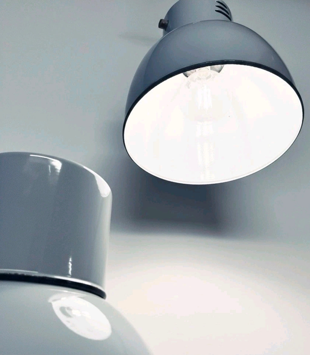 Original 1950s Industrial Italian Fiat Factory Enamel Pendant Light, Grey, Rare