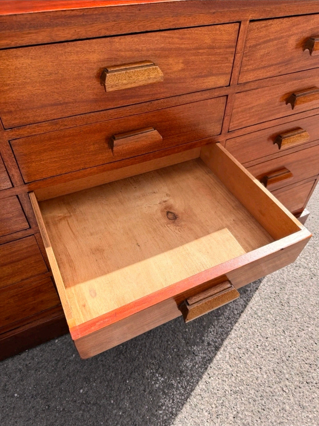 Vintage Mid Century Iroko Wood Science Lab Bank Of Drawers. 1950s, Industrial