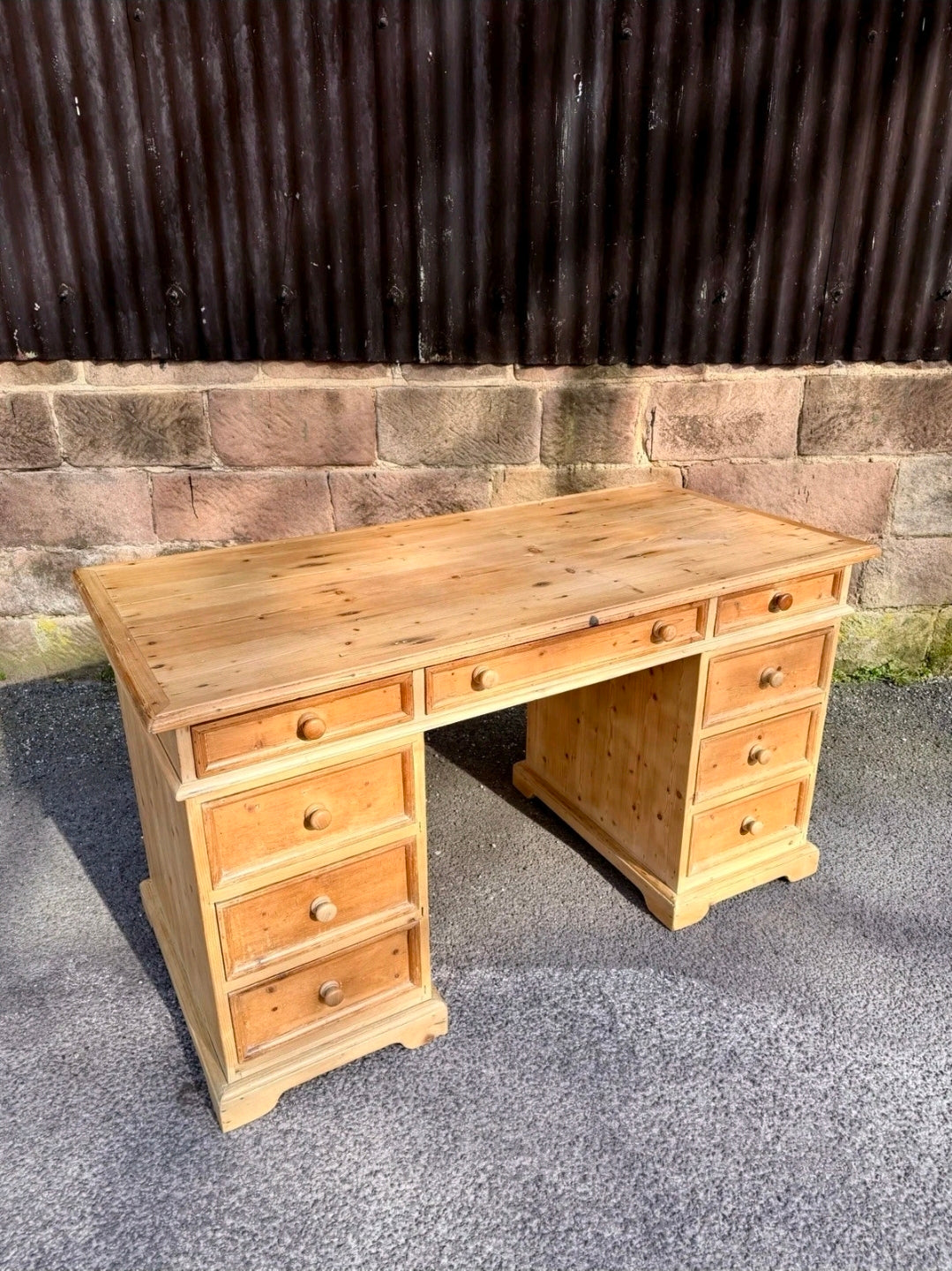 Waxed Solid Pine Twin Pedestal Desk Traditional Rustic, Study, Drawers, Office