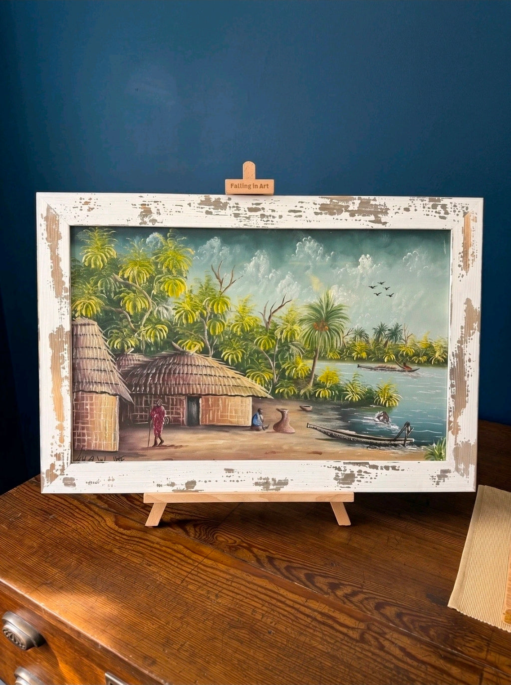 Framed Impasto Ethnic Oil Painting by A W Doe African Artist, Palm Trees, Boats