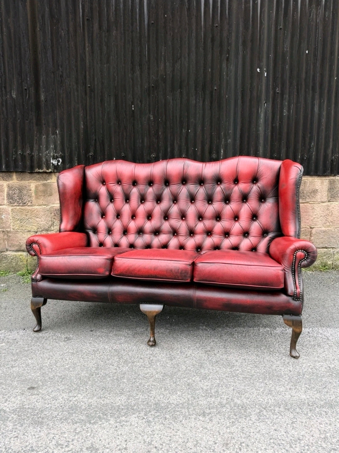 Vintage Oxblood Leather Chesterfield 3 seater Wingback Sofa.