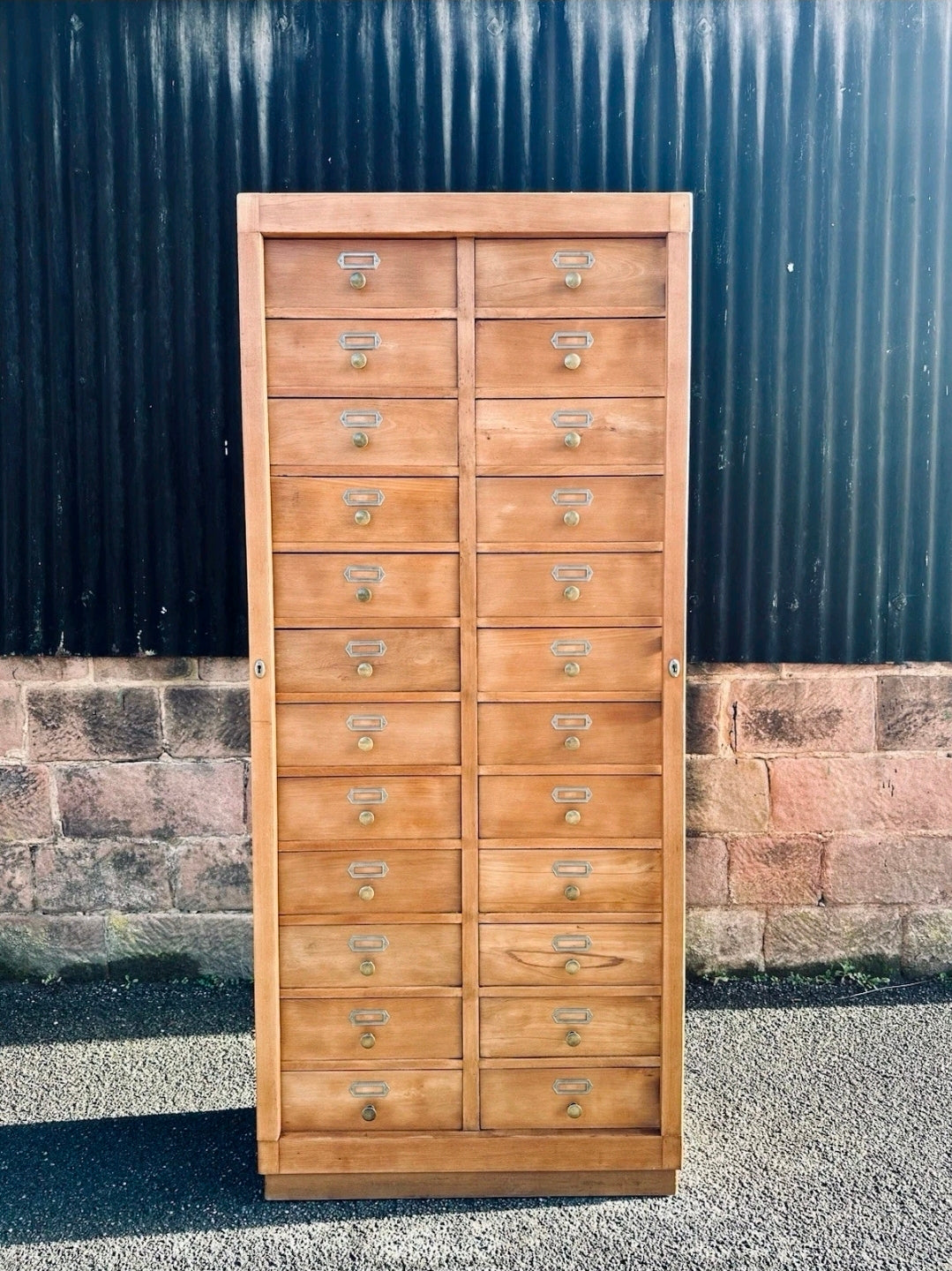 1930s Bank Of 24 Drawers. Haberdashery, Apothecary, Larch Wood, Filing Cabinet.