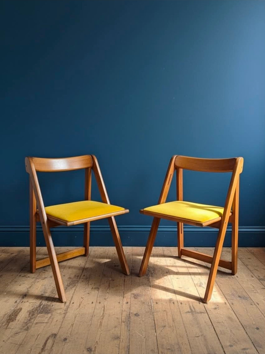 Mid‑Century Italian Beech Folding Chairs with Upholstered Seats