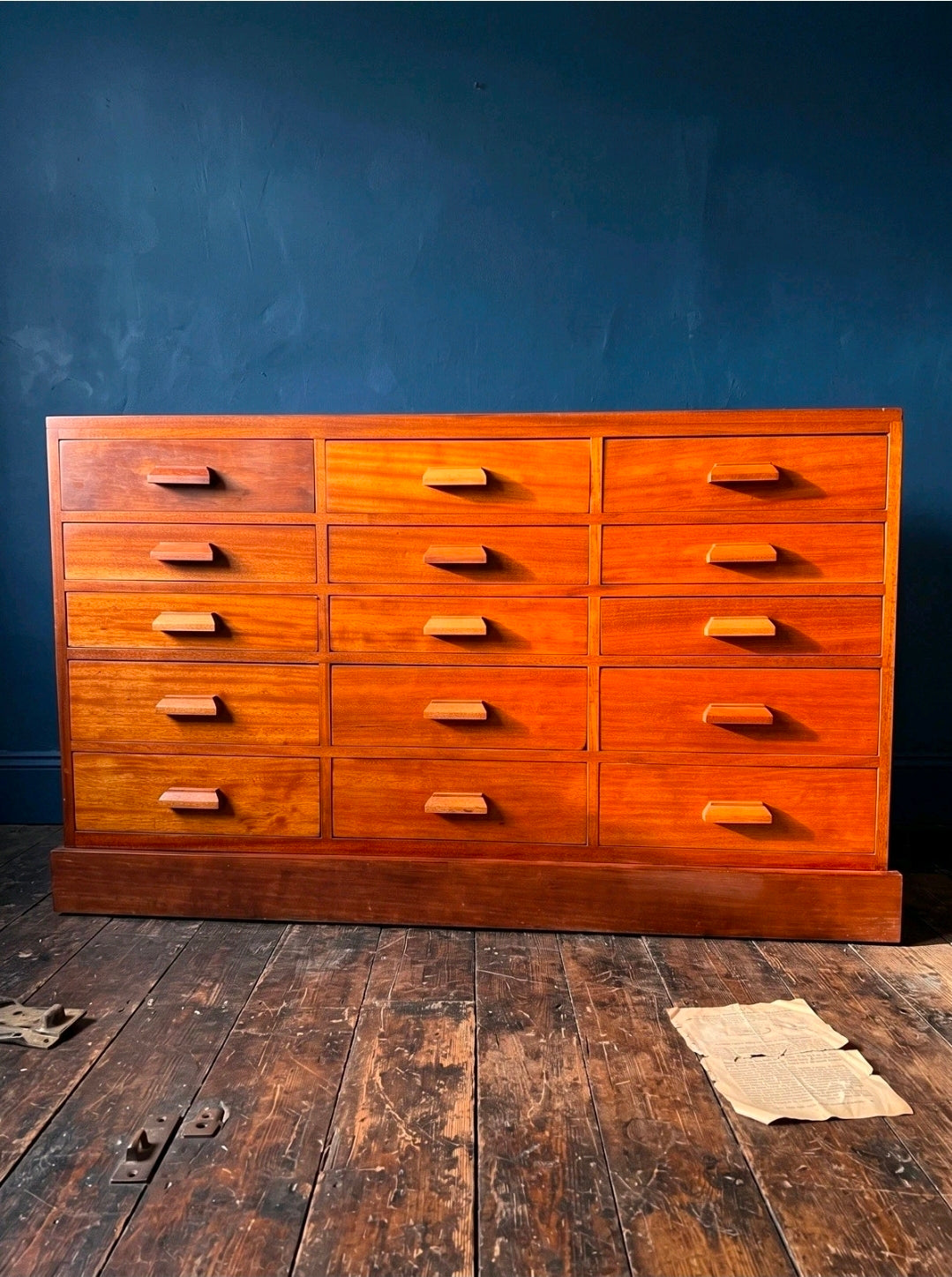 Vintage Mid Century Iroko Wood Science Lab Bank Of Drawers. 1950s, Industrial