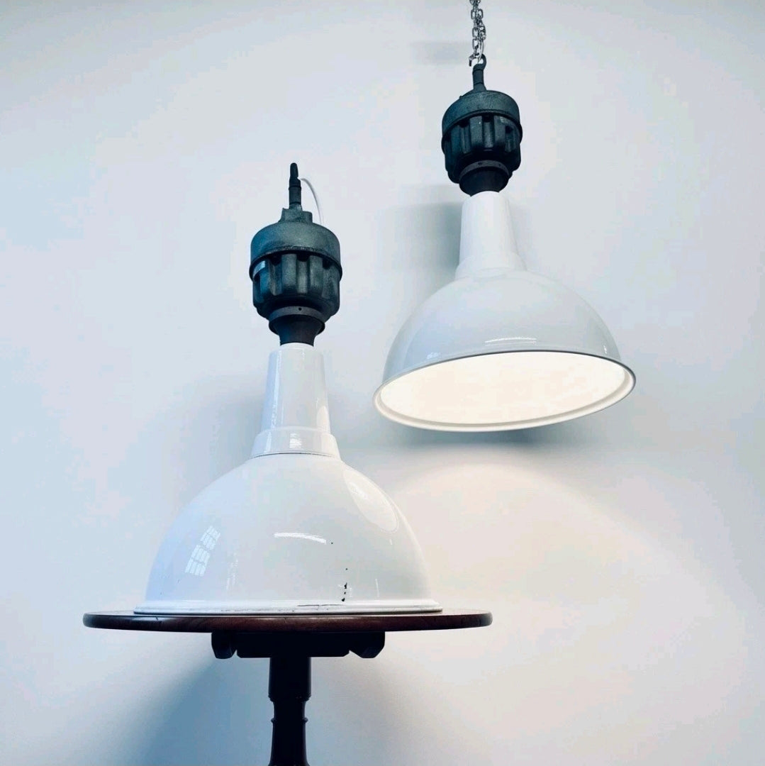 Original 1950s Industrial Benjamin Enamel Pendant Light, Kitchen, Feature, White