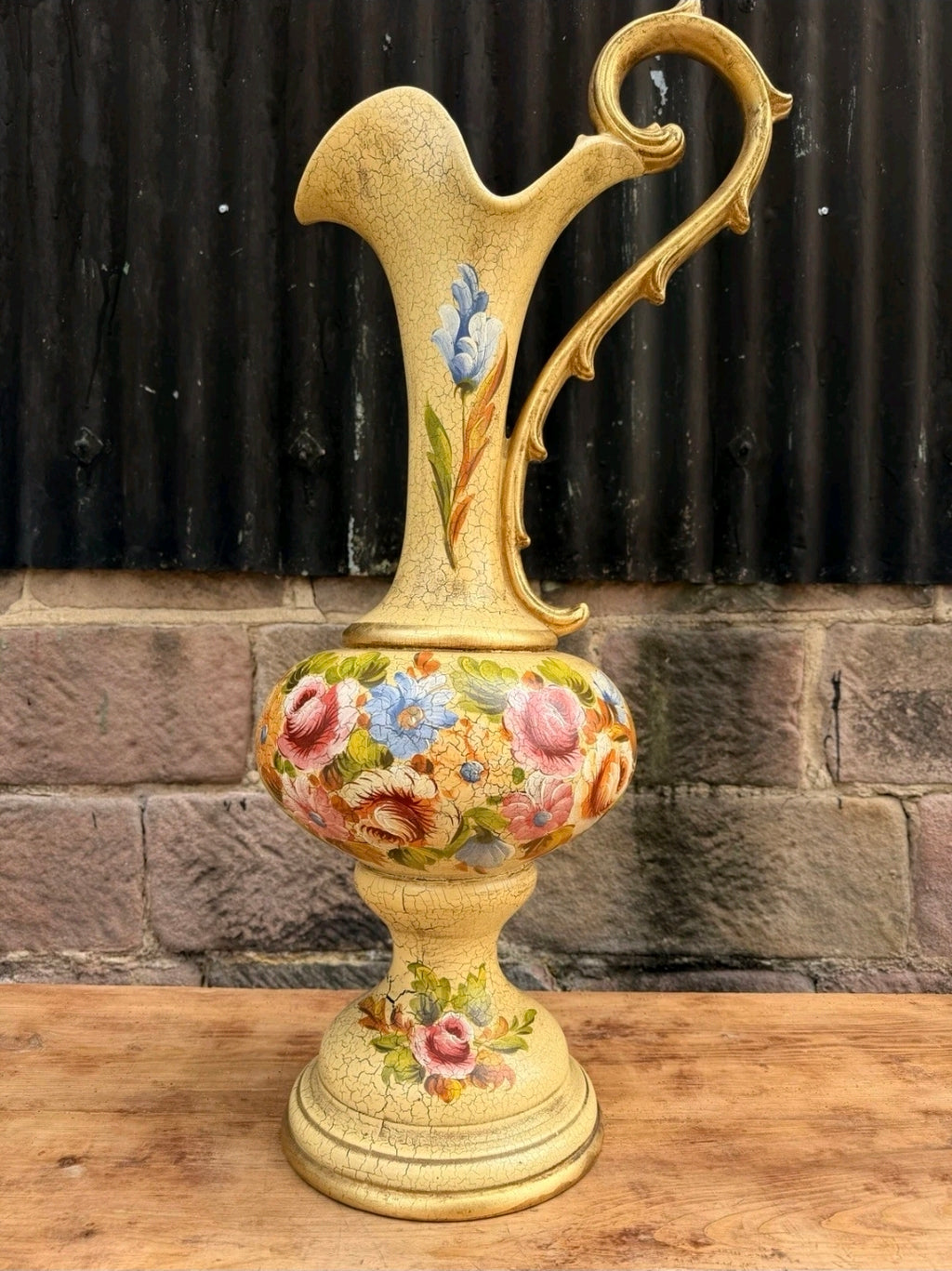 Large Vintage Italian Hand Painted Ceramic Pitcher Vase. Flowers, Display