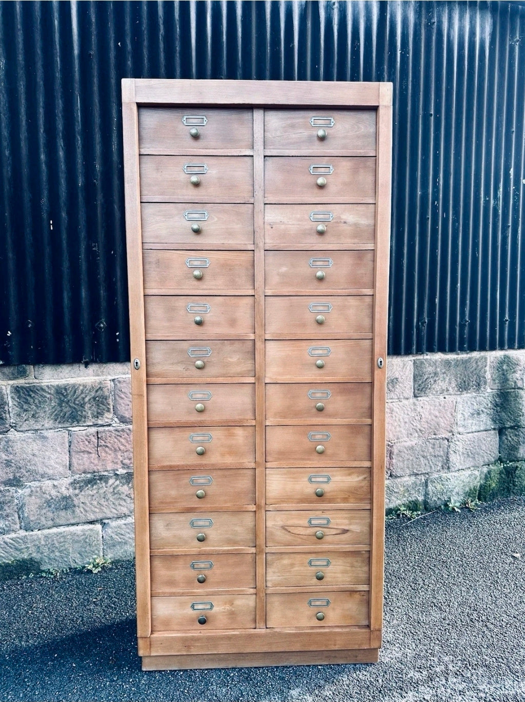 1930s Bank Of 24 Drawers. Haberdashery, Apothecary, Larch Wood, Filing Cabinet.