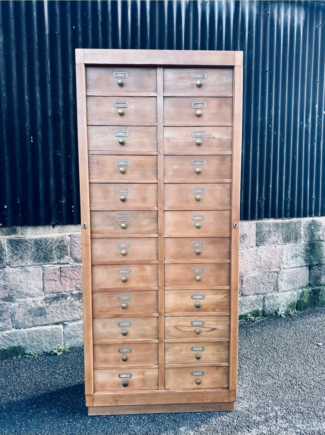 1930s Bank Of 24 Drawers. Haberdashery, Apothecary, Larch Wood, Filing Cabinet.