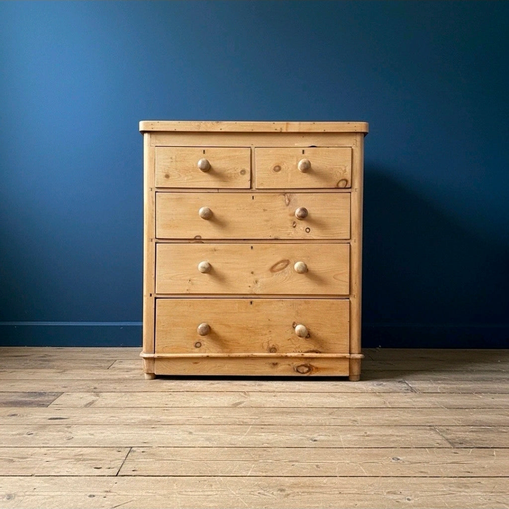 Antique Victorian Pine Chest Of Drawers, Original, 2 Over 3 Drawers, Bedroom