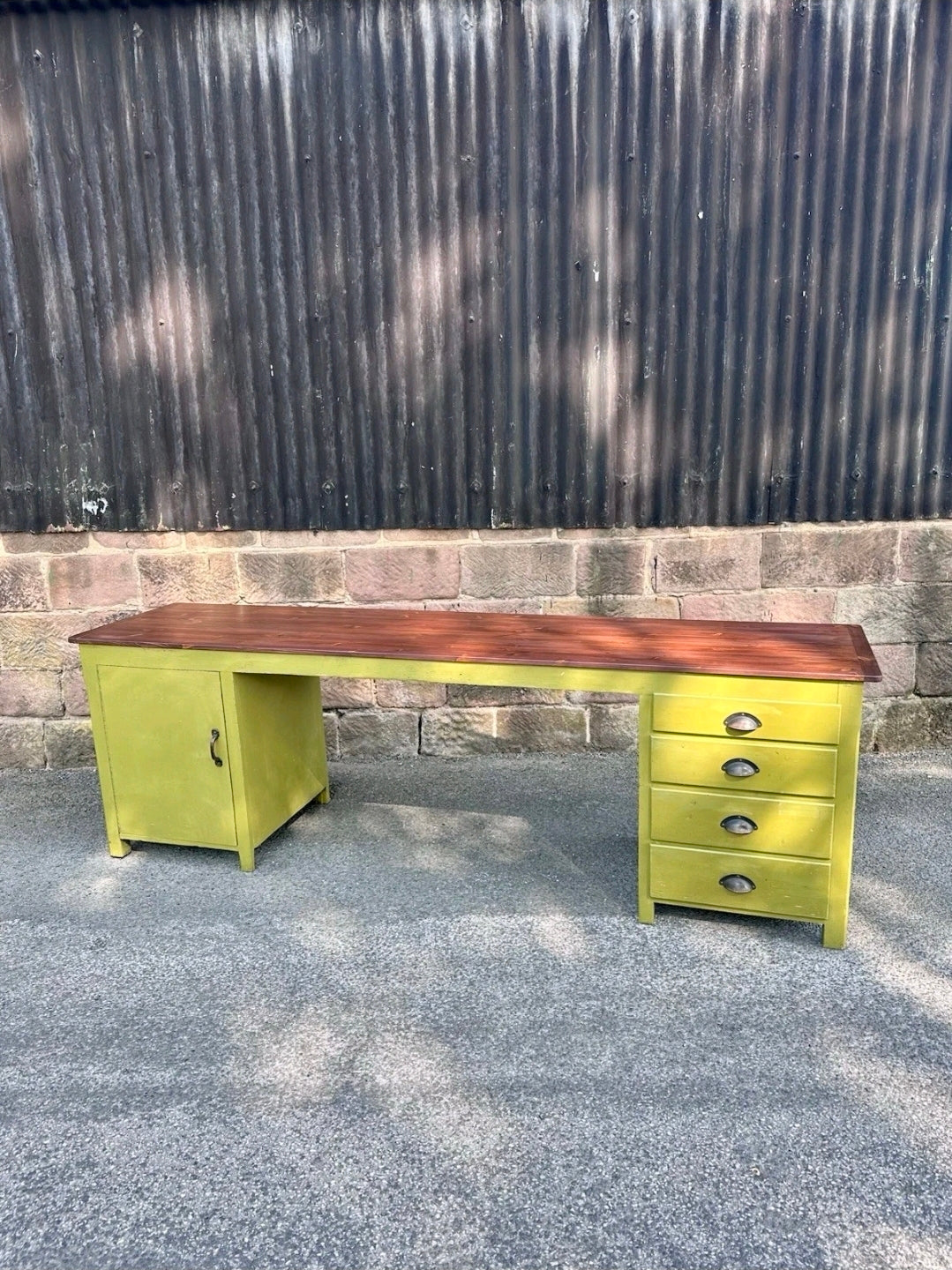 Industrial Reclaimed Large Clerks Desk. Original Paint, Statement, 8ft, Drawers